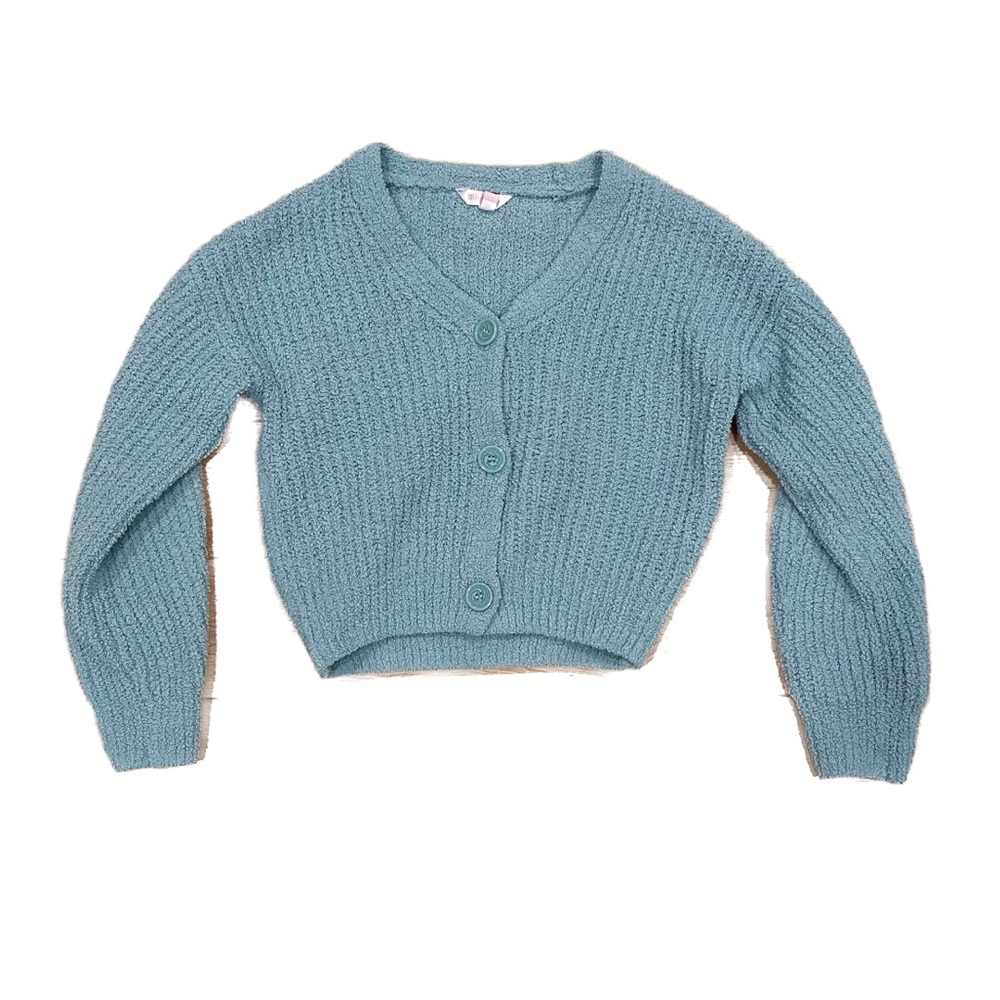 teal fuzzy button up shirt